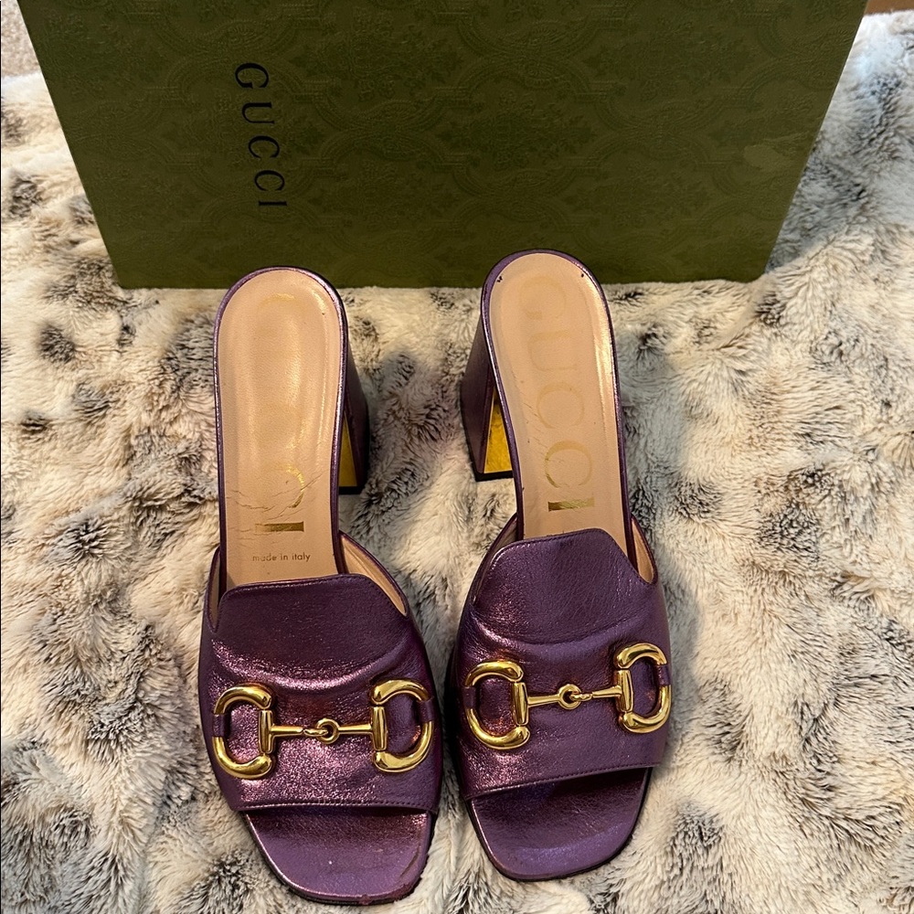 Gucci Metallic Purple Mules with Gold Detail
